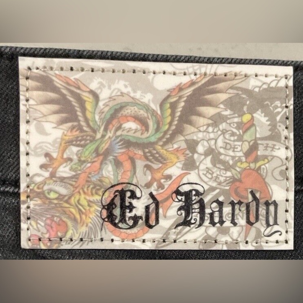 ED HARDY WOMENS TIGER HEAD SLIM FLARE JEAN LOW RISE IN FADED BLACK SZ 32 NWT - Picture 6 of 15